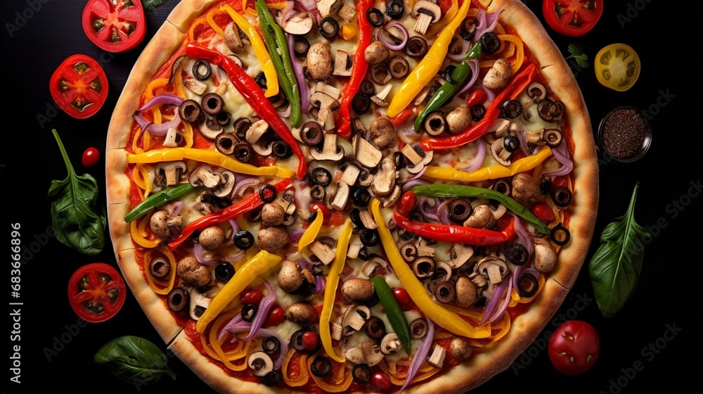 Conceptualize an image presenting a vegetarian pizza loaded with colorful bell peppers, mushrooms, and olives