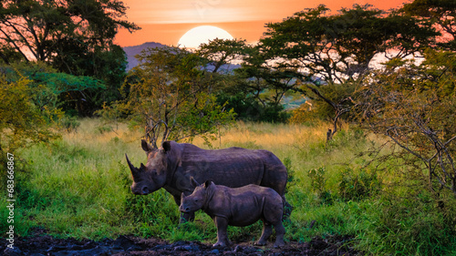 White Rhino in the bush of the Blue Canyon Conservancy in South Africa near Kruger National Park  White rhinoceros  Wild African White Rhino  South Africa