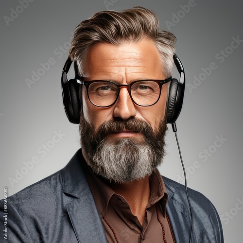 Sequence Senior Businessman Listening Music, Isolated On White Background, For Design And Printing © HKTArt4U
