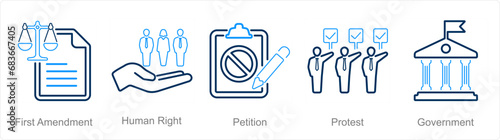 A set of 5 Freedom of Speech icons as first amendment, human right, petition