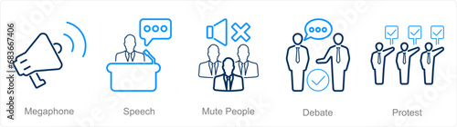 A set of 5 Freedom of Speech icons as megaphone, speech, mute people