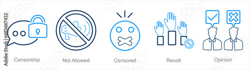 A set of 5 Freedom of Speech icons as censorship, not allowed, censored