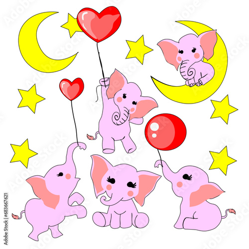Cute elephant fly wth baloon to moon seamless pattern - Vector