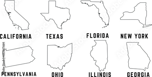 US States outline Vector Illustration, featuring California, Texas, Florida, New York, Pennsylvania, Ohio, Illinois, Georgia. Black and white outlines, perfect for educational, travel, tourism purpose