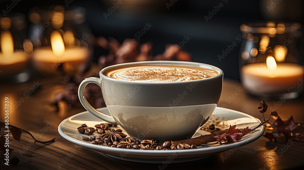 Coffee Cup on Wooden Table With Candles and Flower Vase Copy Space Background Selective Focus Coffee Cup on Wooden Table With Candles and Flower Vase Copy Space Background Selective Focus