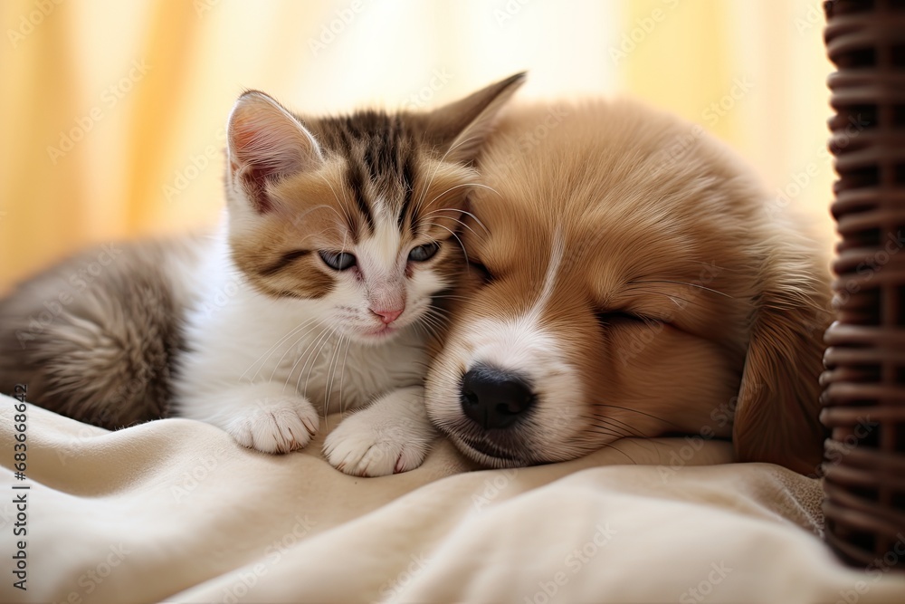 cute little puppy and kitten cuddle together to sleep cute little puppy and kitten cuddle together to sleep