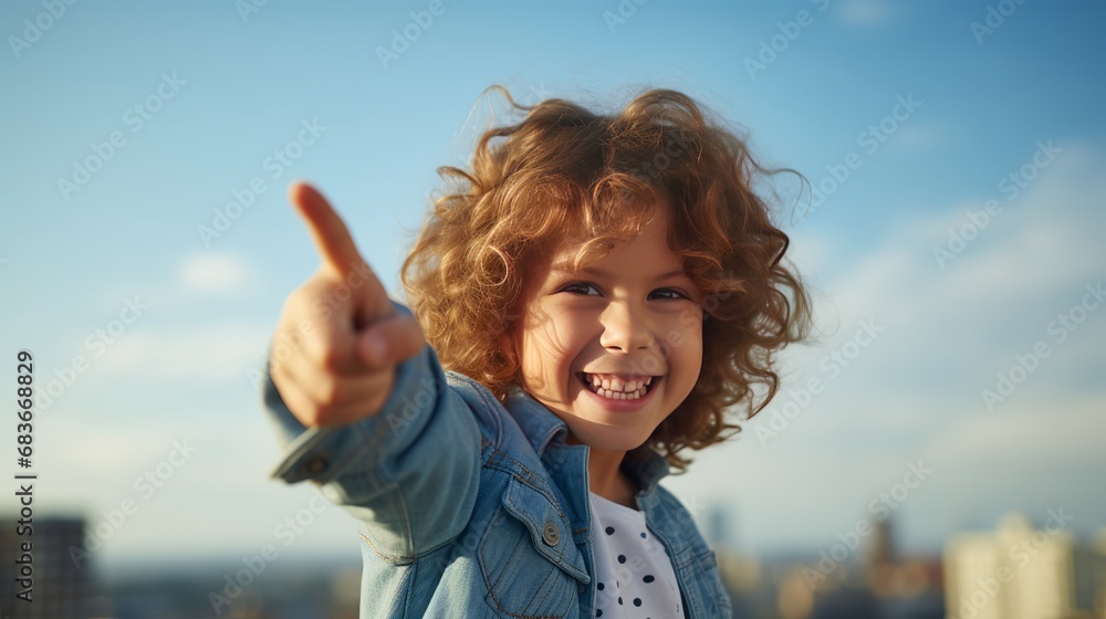 Cheerful young kid standing and pointing sky Cheerful young kid standing and pointing sky