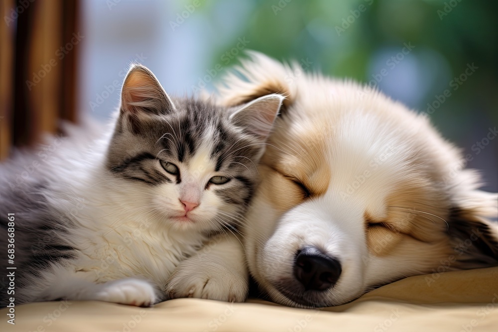 cute little puppy and kitten cuddle together to sleep