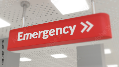 Red emergency sign in a brightly lit hallway. 3d rendering concept of urgency.