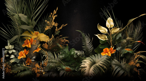 Elegant frame with black and gold tropical plants