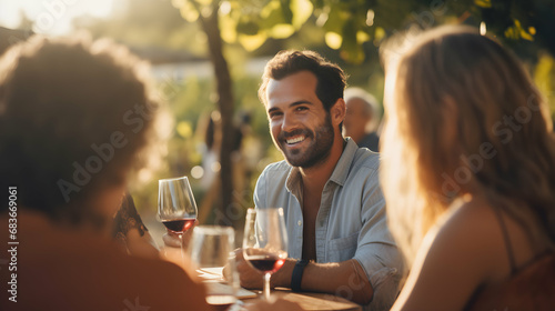 Close up of friends enjoying outdoor meal and wine on visit to vineyard restaurant, bright background, top view, generative ai