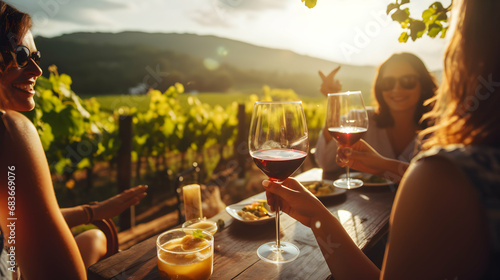 Close up of friends enjoying outdoor meal and wine on visit to vineyard restaurant, bright background, top view, generative ai photo