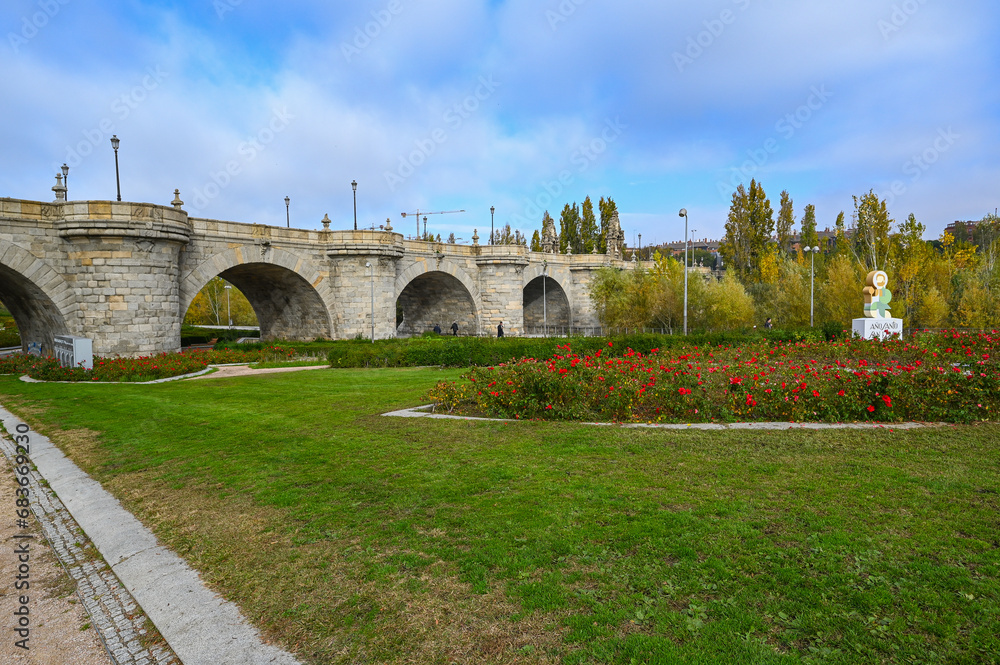 Toledo Bridge, 18th century, in Madrid Rio Park, Madrid, Spain. High quality photo