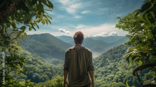 Strong young man from behind looking at the horizon from the top of a mountain in the jungle, on a sunny summer day. Health. Nature. Lifestyle. Image generated with AI