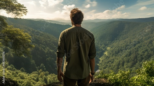 Young man from behind looking at the horizon from the top of a mountain in the jungle, on a sunny summer day. Health. Nature. Lifestyle. Image generated with AI © Cristina