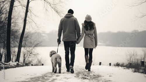  Black and white photography of a couple walking with their dog in a snowy winter landscape. Image generated with AI