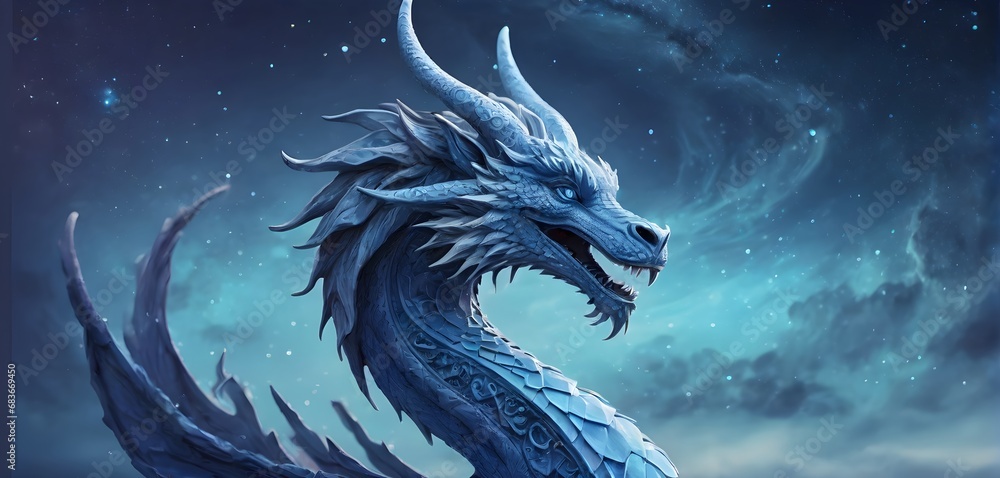 Dragon Blue Hues Celestial Background. with Stars. New Year 2024 Theme. Generative AI Dragon Blue Hues Celestial Background. with Stars. New Year 2024 Theme. Generative AI