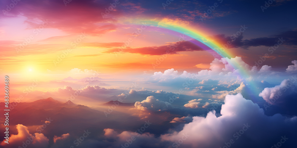 Beautiful rainbow over the clouds at sunset contrast