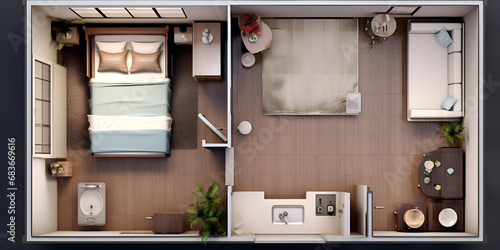 Modern apartment living room bedroom and bathroom top view