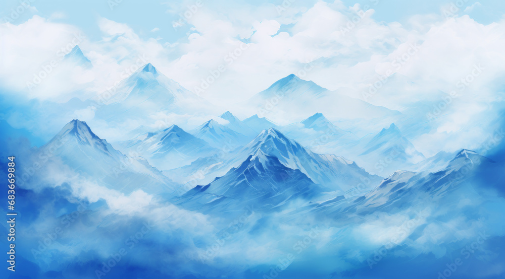 Illustration of soft clouds and blue sky above serene mountain peaks