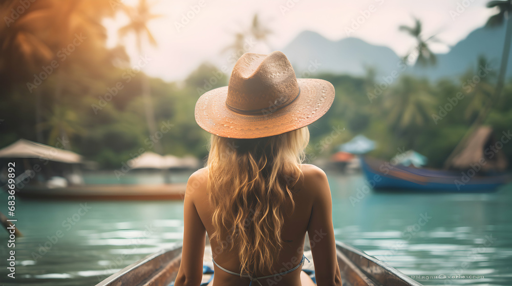 Rear view of young woman in a hat and swimsuit sitting on a boat in the tropical island bay, colorful bokeh, panoramic header, generative ai