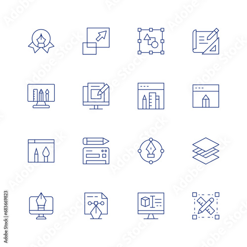 Design line icon set on transparent background with editable stroke. Containing scale, website design, web design, design, 3d design, graphic design, blueprint, window, membrane.