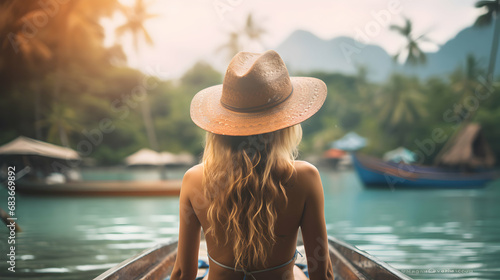 Rear view of young woman in a hat and swimsuit sitting on a boat in the tropical island bay, colorful bokeh, panoramic header, generative ai © pawczar