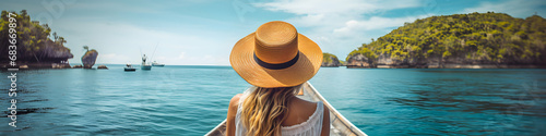 Rear view of young woman in a hat and swimsuit sitting on a boat in the tropical island bay, colorful bokeh, panoramic header, generative ai photo