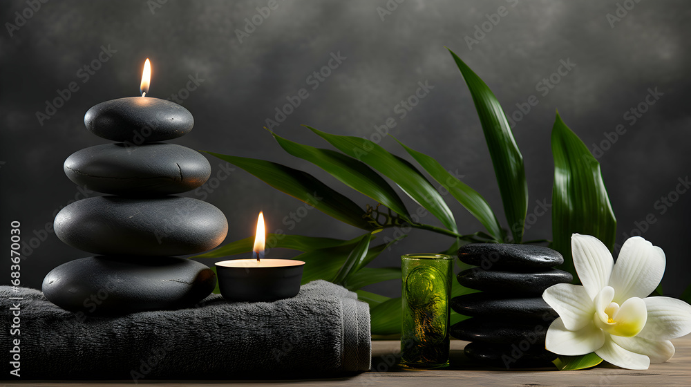 Spa setting with massage stones and soft towel, generative ai Spa setting with massage stones and soft towel, generative ai