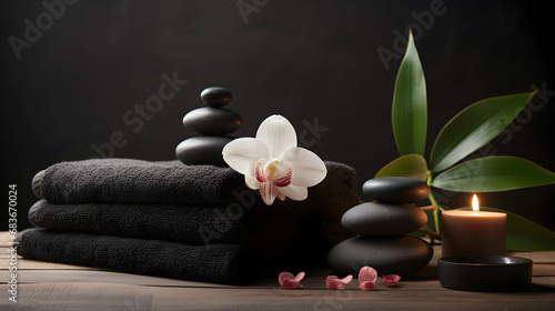 Spa setting with massage stones and soft towel, generative ai