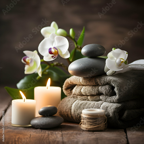 Spa setting with massage stones and soft towel  generative ai