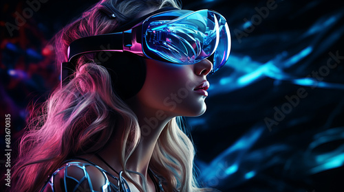 Virtual reality female girl gamer in futuristic meta world. amazed young woman in a VR headset explores the metaverse virtual space. Gaming and futuristic entertainment concept © Anastasiia