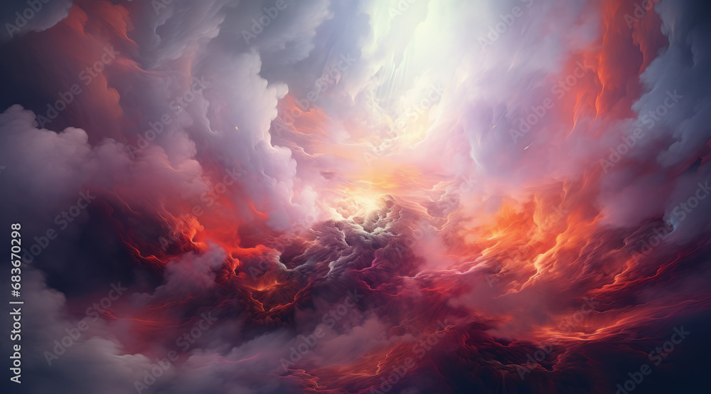 Abstract inferno red mountains aglow with a fiery red sunset amidst clouds.