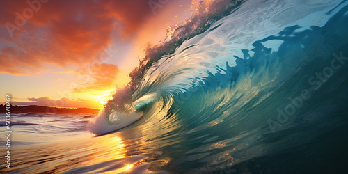 Surfer riding a wave at sunset on a clear day
