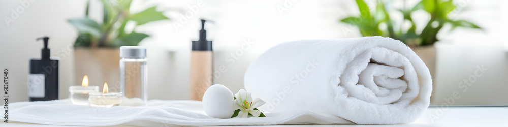 Towels with herbal bags and beauty treatment items setting in spa center in white room, generative ai
