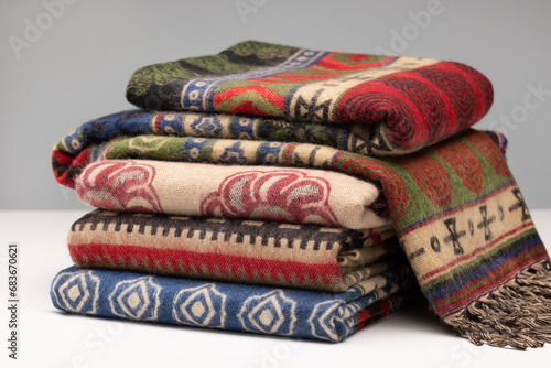 Neatly folded stacks of cashmere stoles, shawls, scarves of different colors. Women's accessory, gift souvenir, on white.