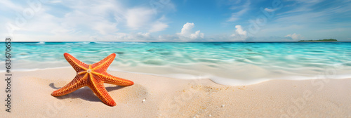 Tropical beach with sea star on sand  summer holiday background. Travel and beach vacation. Web digital header with copy space  ad poster template  generative ai