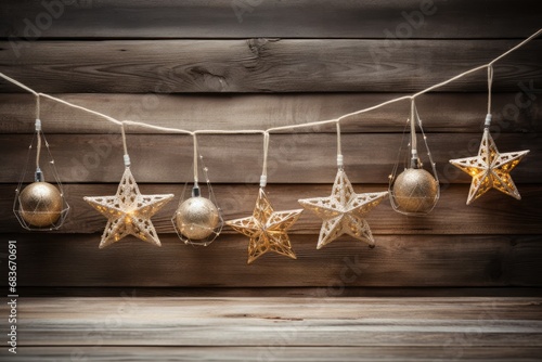 Christmas decoration garland with stars and baubles on a wooden background. Generative ai