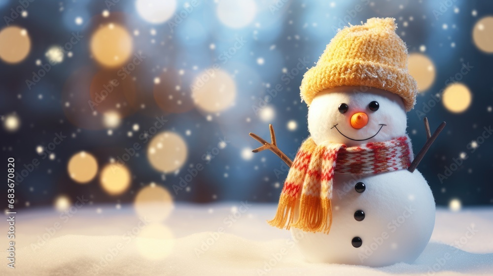 Snowman with a blue hat in the snow, copy space for text on the left. soft bokeh snowy background. Generative ai