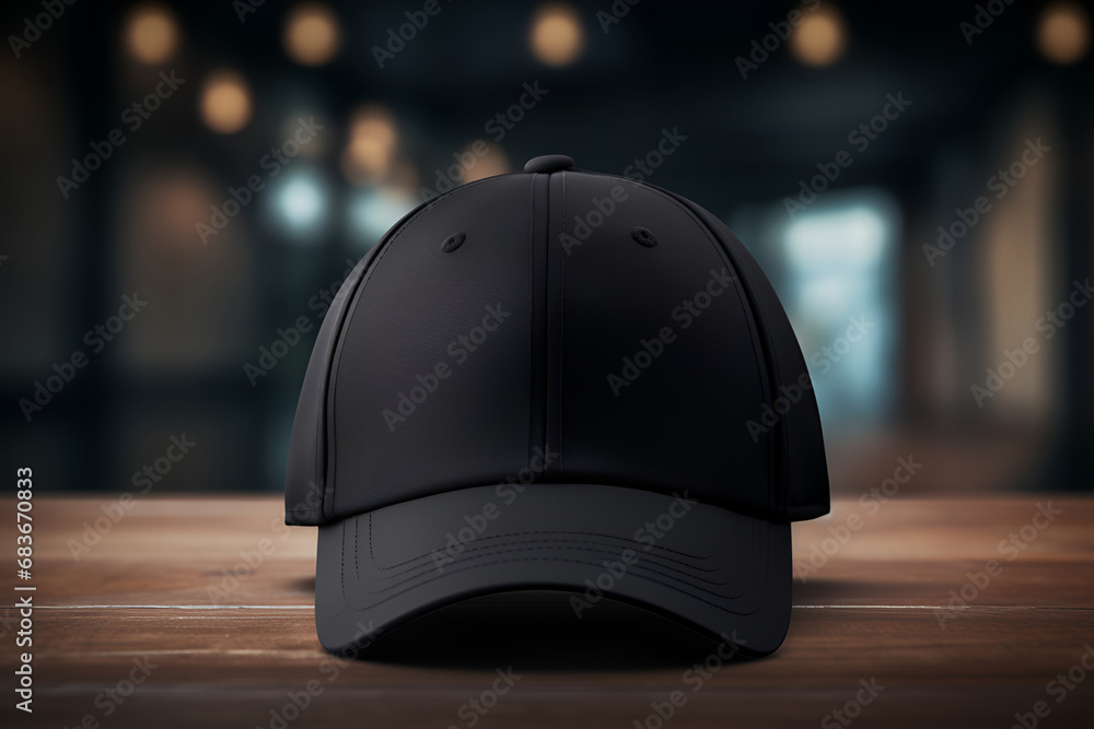 Mockup of fashionable black sports baseball cap, on a background in loft style. Generate Ai. Mockup of fashionable black sports baseball cap, on a background in loft style. Generate Ai.