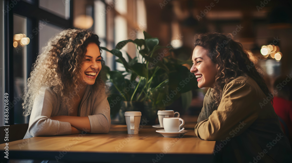 Two women sitting at a cafe and smiling. Young female friends meeting sit at table in coffee shop, generative ai - obrazy, fototapety, plakaty 