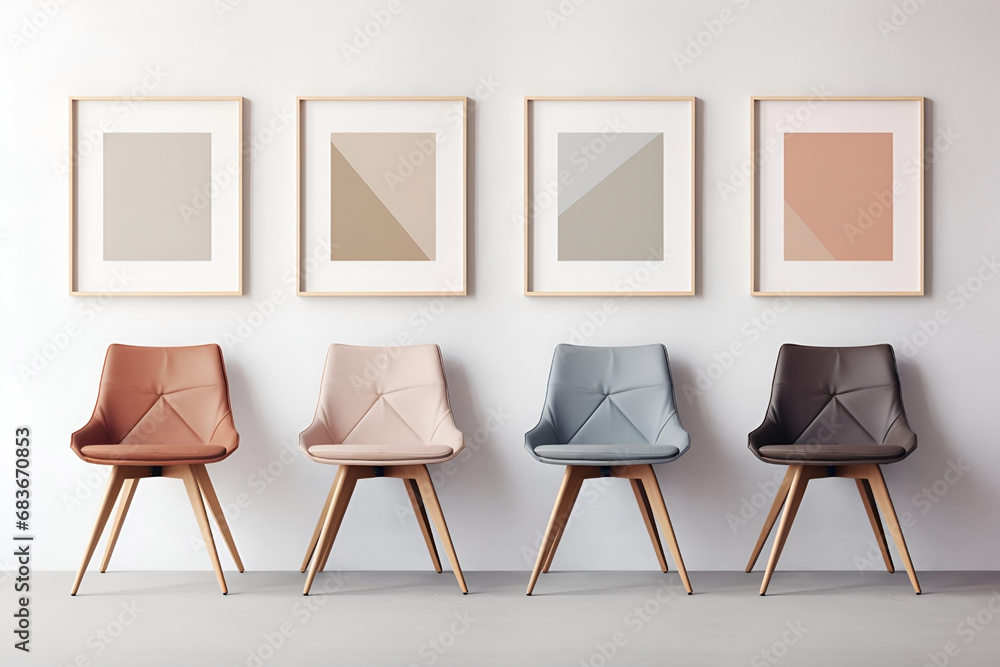 Fashionable stylish soft 4 chairs and frames above. Mockup for text, advertising and design. Generate Ai. Trendy interior Fashionable stylish soft 4 chairs and frames above. Mockup for text, advertising and design. Generate Ai. Trendy interior