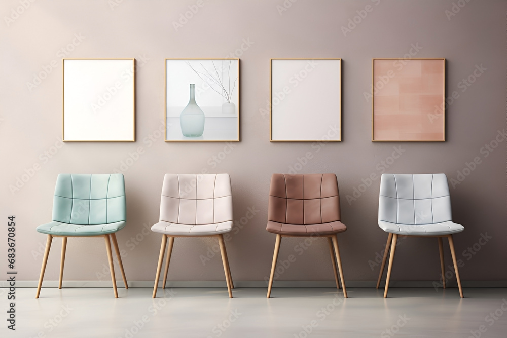 Fashionable stylish soft 4 chairs and frames above. Mockup for text, advertising and design. Generate Ai. Trendy interior Fashionable stylish soft 4 chairs and frames above. Mockup for text, advertising and design. Generate Ai. Trendy interior