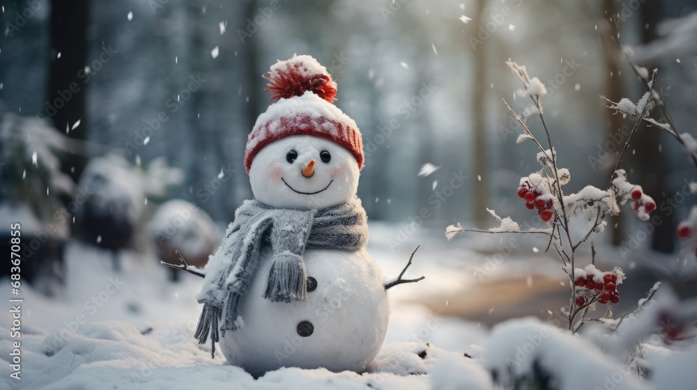 Snowman in the snow on the woods forest. Generative ai Snowman in the snow on the woods forest. Generative ai