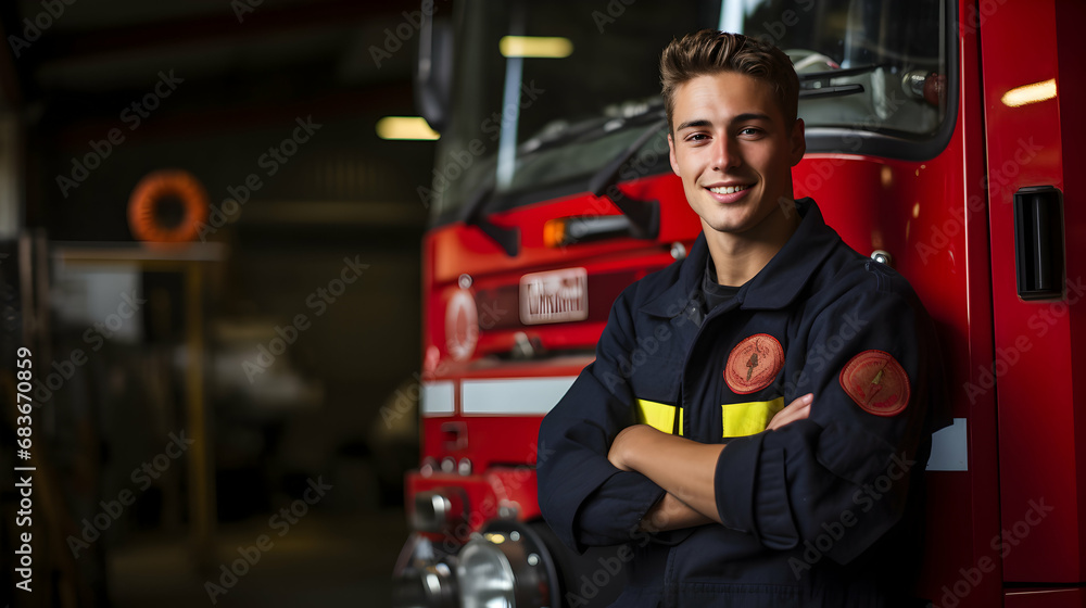 Young smiling firefighter in uniform standing by a fire truck at the base. Banner with copy space. Generative ai. Young smiling firefighter in uniform standing by a fire truck at the base. Banner with copy space. Generative ai.