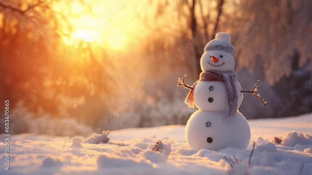 Obraz premium Snowman in the Garden on a winter morning. Generative ai