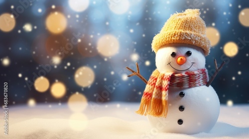Snowman with a blue hat in the snow, copy space for text on the left. soft bokeh snowy background. Generative ai © nilanka