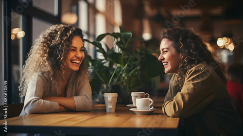 Two women sitting at a cafe and smiling. Young female friends meeting sit at table in coffee shop, generative ai photo