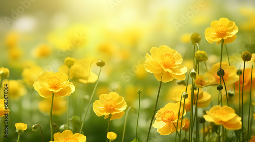 Yellow Geum flowers panorama on blurred summer garden or park background, banner for website, seasonal spring background, generative ai photo