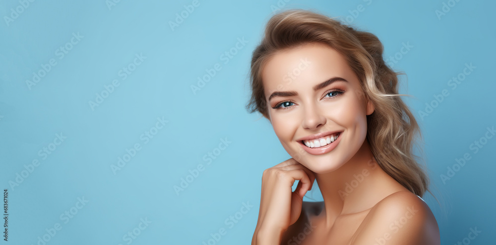 Portrait of young happy Russian woman with blue eyes. Skin care beauty, skincare cosmetics, dental concept, isolated over bright blue background. Portrait of young happy Russian woman with blue eyes. Skin care beauty, skincare cosmetics, dental concept, isolated over bright blue background.